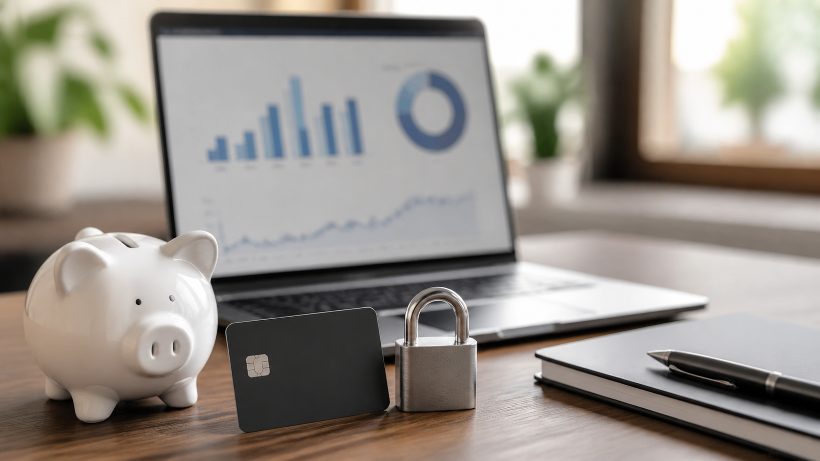 Cofrinho, cartão e cadeado representando proteção de investimentos pelo FGC