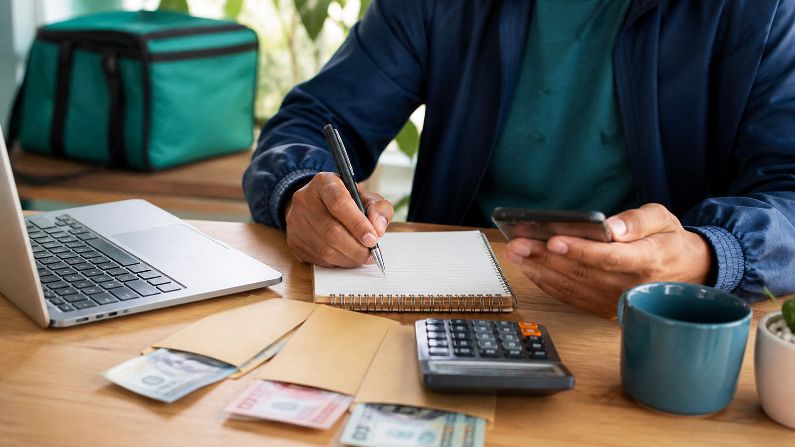 Trabalhador autônomo organizando renda variável, envelopes, celular e fluxo de caixa mensal