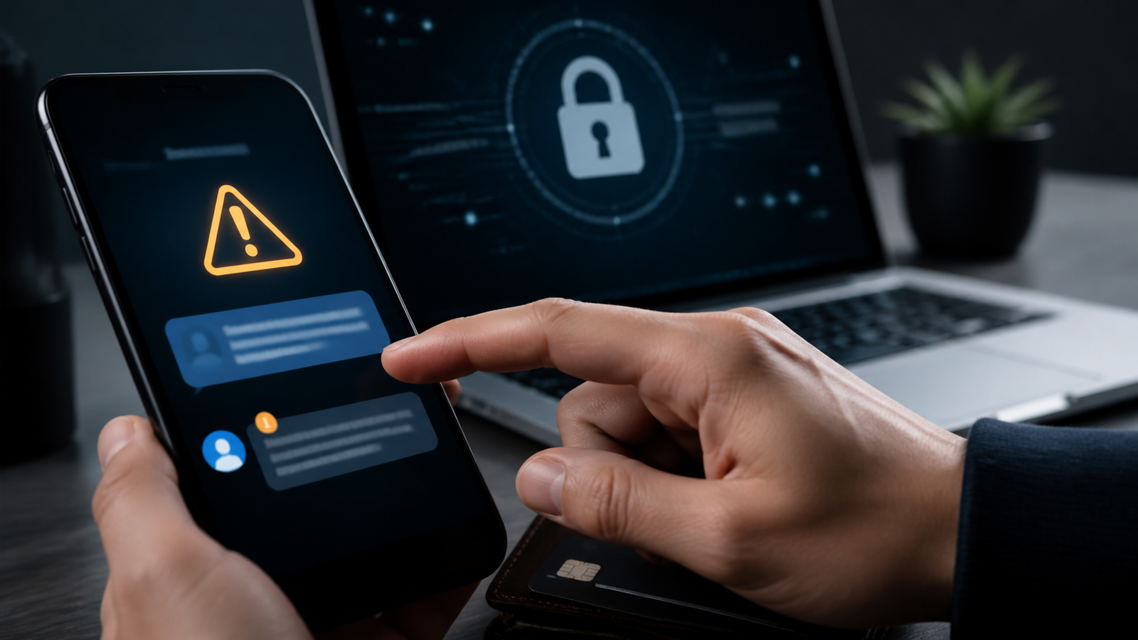 Pessoa quase tocando em mensagem suspeita no celular com alerta de segurança digital