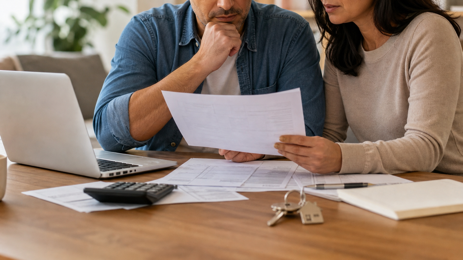 Casal analisando documentos de financiamento imobiliário com calculadora e chaves de casa